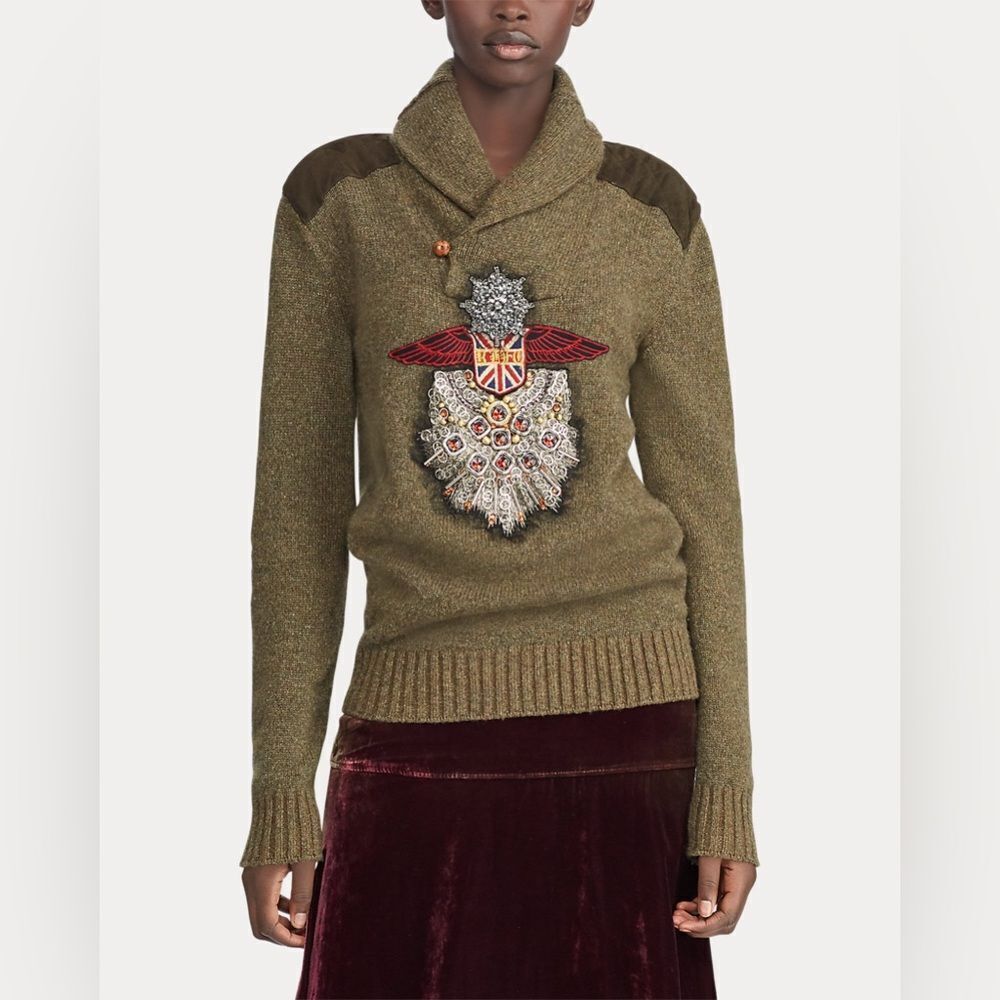 Ralph Lauren Collection Anniversary Olive Cashmere Shawl Collar Shield Sweater - Picture 10 of 16